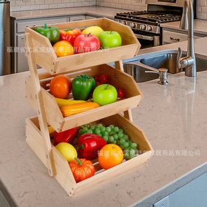 Bamboo three-layer fruit basket, household kitchen fruit and <b>vegetable</b> storage basket, drain basket, hotel multi-purpose - Product Image 1