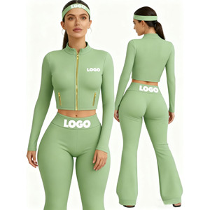 Ensemble de survêtement pour femmes Y2K <span class=keywords><strong>avec</strong></span> logo personnalisé, <span class=keywords><strong>veste</strong></span> zippée intégrale personnalisée <span class=keywords><strong>avec</strong></span> <span class=keywords><strong>pantalon</strong></span> évasé, ensemble de 2 pièces pour la gym et le fitness - Product Image 2
