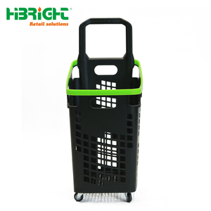 Heavy Duty Rolling Shopping <b>Basket</b> with Telescopic Handle 70L Large Capacity <b>Plastic</b> Grocery Pull <b>Basket</b> for Retail Store - Product Image 1