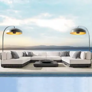 Conjunto de móveis de alumínio para pátio e sofá, sofá secional moderno em forma de U para sala de estar e jardim com mesa
