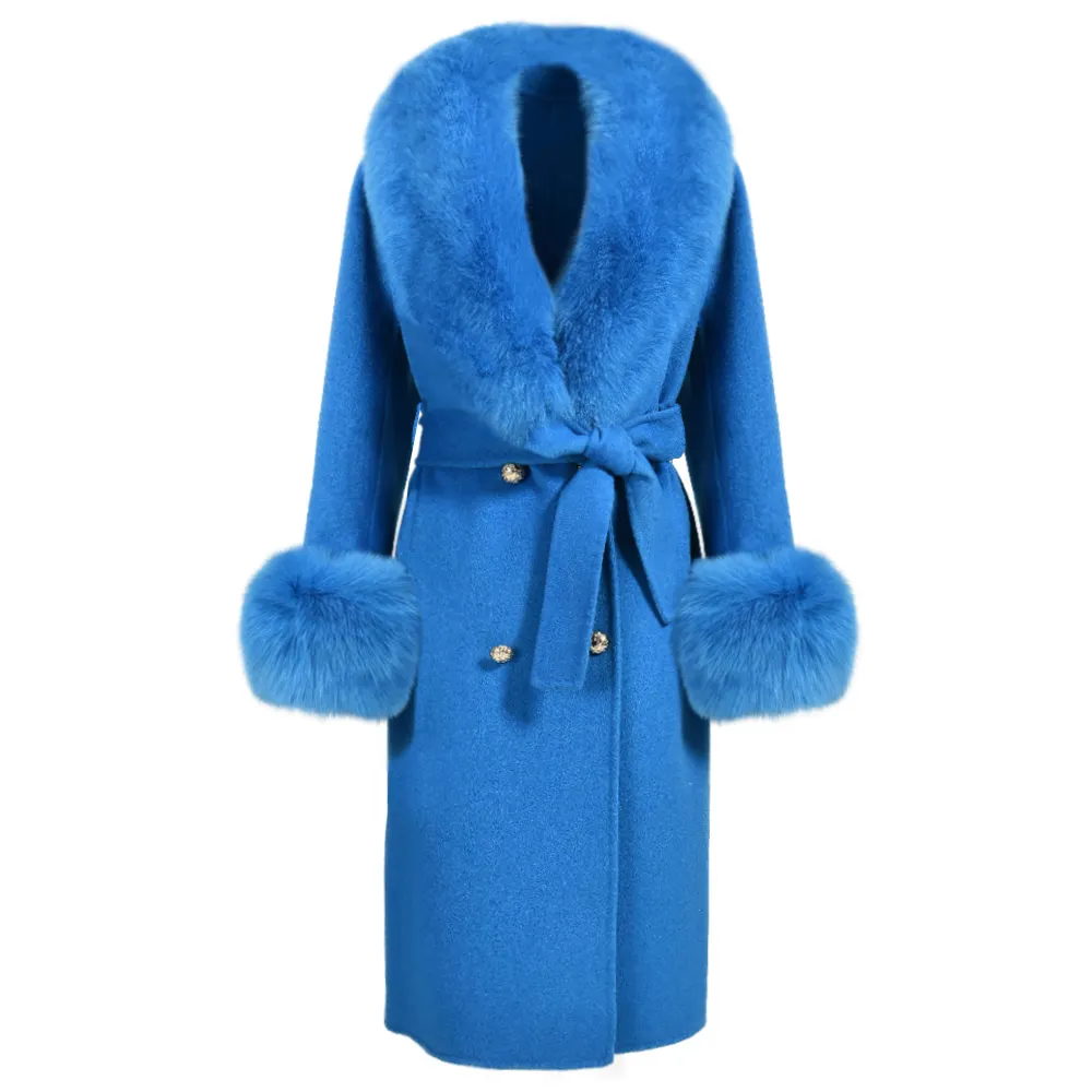 Ladies Long Style Double Face Pure Wool Real Fur Collar Women Winter Cashmere Wool Fox Fur Coat