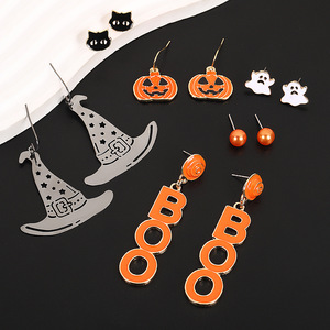 Ensemble de boucles d'oreilles Halloween en alliage, clous d'oreilles citrouille, fantôme, chapeau de sorcière, bijoux de fête pour femme, été 2024 - Product Image 1