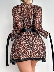 Sexy Mesh Lingerie Set With Leopard Print See-Through Nightgown and <b>Half</b> <b>Slips</b> Women's Sexy Lingerie Series - Product Image 2