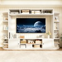 240 cm Weißer Holz-TV-Ständer mit 2 Aufbewahrungsschränken, Präsentationsregalen, Steckdosen und USB-Anschlüssen, Moderne Medienkonsole für 60-64 Zoll Fernseher im Wohnzimmer