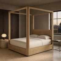 Lit à baldaquin sur mesure en tissu et bois de designer avec cadre en bois massif, grain de bois clair, tête de lit personnalisable pour hôtel de luxe