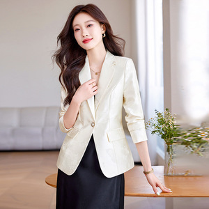Pink Jacquard Acetate Satin Blazer Women Autumn Single Button Slim Fit Elegant Style - Product Image 1