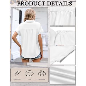 Camisa de mujer con botones, blusa de manga corta con cuello en V y bolsillo, top informal para el trabajo, tallas S a XXL - Product Image 4