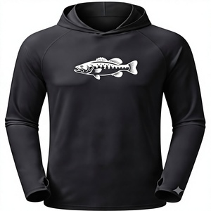 Sudadera negra de pesca para hombre, camisa deportiva de manga larga con protección solar y gráfico de pez basaúr para actividades al aire libre y deportes. - Product Image 1
