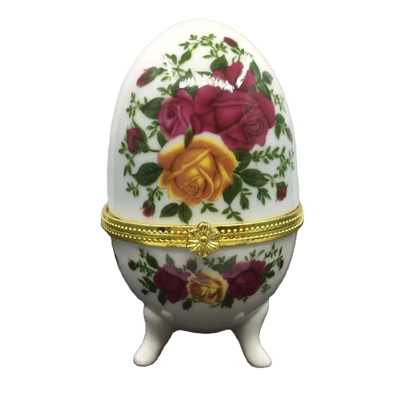 Caixa de jóias de cerâmica de ponta alta, decorativa, formato de ovo, presente de trinquete com metal, dobradiça