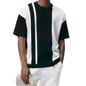 Nuevo logotipo personalizado de lujo de alta calidad de algodón acanalado cuello redondo suelto hombro caído negro blanco de gran tamaño Casual moda camiseta - Product Image 1