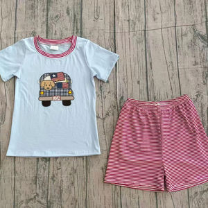 BSSO1918 ชุดเสื้อผ้าเด็กผู้ชายลายพิมพ์ลูกสุนัขสีฟ้าวันที่ 4 กรกฎาคม ชุดเด็กขายส่งชุดแขนสั้น - Product Image 1