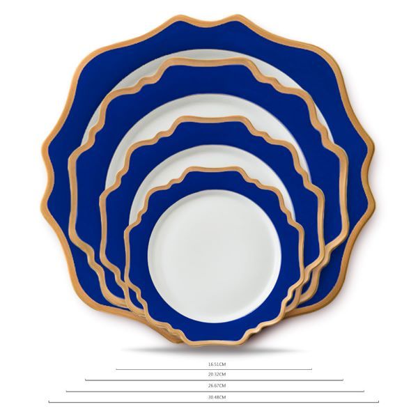 Wholesale Premium Eco-Friendly Bone China Royal Blue Charger Plate Engraved Design for Catering Dinner Set 100pcs MOQ