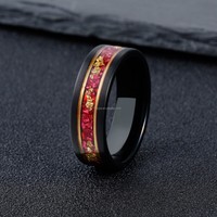 Bague en tungstène noir 8 mm avec émeraude verte, incrustation de feuille d'or malachite, ligne dorée plate, alliance pour homme
