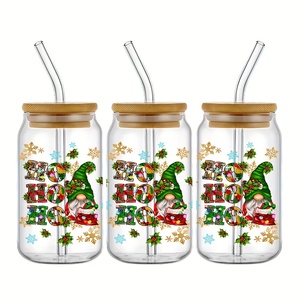 Feliz Navidad 16oz Frascos de vidrio UV para DTF Cup Wraps Impermeable Resistente a los arañazos Calcomanías festivas Papel de transferencia autoadhesivo - Product Image 3