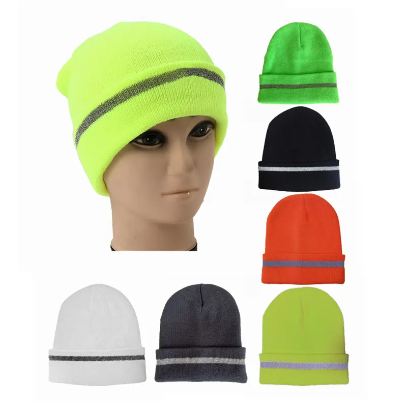 fluorescent Yellow orange Black Knitted Beanie Hats 100% Acrylic Reflective Winter Toque Cap Hat High visibility