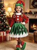 Costume d'elfe de Noël de haute qualité, rouge et vert, en polaire, pour femme, tenue de spectacle de Noël