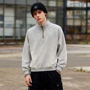 เสื้อมีฮู้ดสำหรับผู้ชายผ้าฝ้ายโอเวอร์ไซส์ซิป1/4แบบลำลองผ้าทอแบบหลวมๆแนววินเทจไม่ซีดลง - Product Image 1