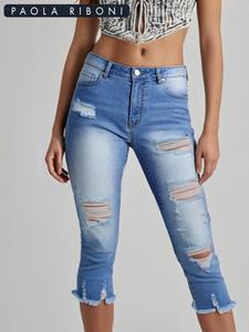 Women's Breathable Ripped Solid Capri Jeans <b>Stretch</b> Skinny <b>Denim</b> Pants with Casual Calf-Length Raw Hem and Pockets - Product Image 1