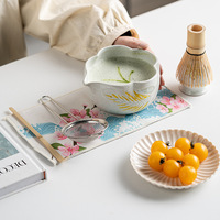 Ensemble de thé matcha peint à la main, bol en céramique moucheté Chawan, fouet en bambou Chasen, passoire, cuillère, motif floral, boîte cadeau, pour la maison