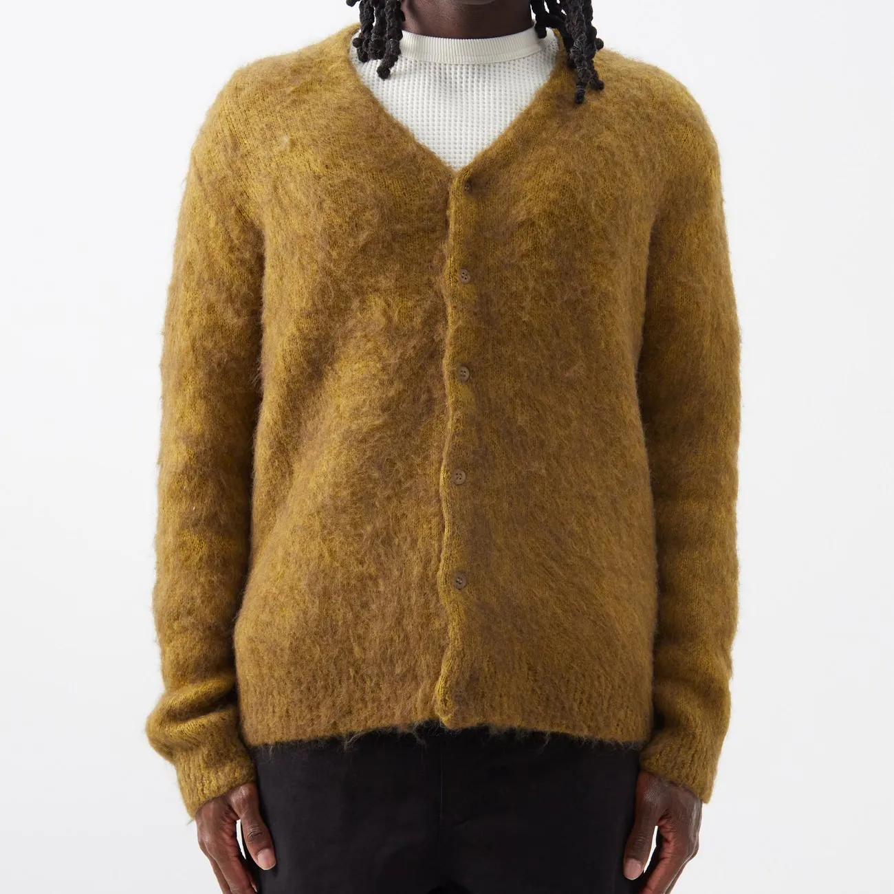 Wholesale Knit Stripe V Neck Mohair Knit Cardigan Fuzzy Men Designer Sweater Clothing Custom Clothing