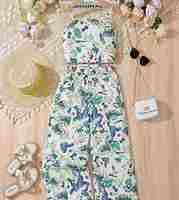 Ensemble 2 pièces imprimé plantes tropicales pour filles, haut à bretelles et pantalon à jambes larges, tenue d'été décontractée pour les vacances à la plage, usage quotidien