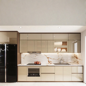 Mobili <span class=keywords><strong>da</strong></span> <span class=keywords><strong>Cucina</strong></span> Sofeyia Moderni di Lusso Leggero, Pannelli Piatti Ecologici Lucidi Color Albicocca, Lavello Integrato con Illuminazione a LED - Product Image 1