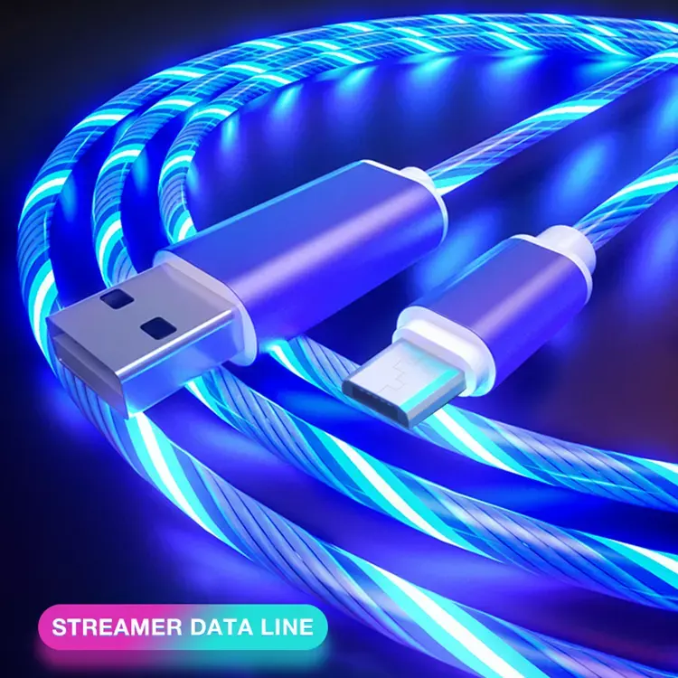 1M 2M Streamer led flowing light Fast Charging Micro Type c 3A Quick Charger Led Charging USB Mobile Phone Cable