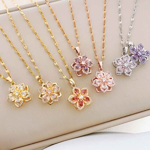 Jeutelis时尚链项链纺丝花铜吊坠氧化锆女士配饰套装黄铜饰品