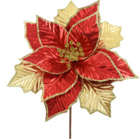 Flor de Poinsettia Navideña Roja y Dorada de Tela, 11 Pulgadas, Decoración Festiva de Lujo para Coronas y Guirnaldas, Venta al Por Mayor
