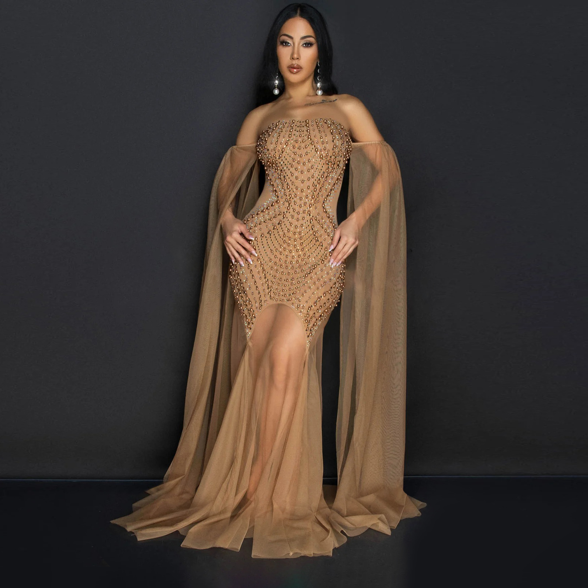 Mesh Evening Dresses Rhinestone Prom Dresses Pearl Floor Length Strapless  Dress for Ladies| Alibaba.com
