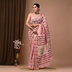Sari BAGRU BLOCK Maheshwari de Seda y Algodón, con Borde Dorado Zari, Estampado a Mano, Tradicional Indio para Bodas, Venta al Por Mayor - Product Image 1