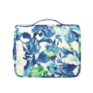 Women Custom Designer Blue Floral Zipper Foldable <b>Large</b> Capacity Travel <b>Toiletry</b> Makeup Cosmetic <b>Bag</b> With Hanging Hook - Product Image 5