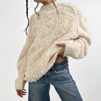 Pull-over en tricot bouclé texturé et moelleux pour femme, col montant, couleur ivoire, qualité supérieure