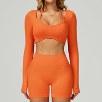 Haut court ajusté sans coutures pour femme, grande taille, avec logo frontal, à manches longues, pour le sport, le fitness et le yoga
