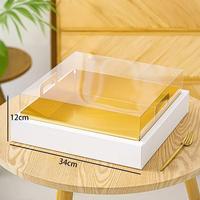 Boîte d'emballage pour desserts et cupcakes, base blanche, plateau doré, sans texte, fond plat, carrée, 4/9 compartiments, avec couvercle transparent en PET et poignée