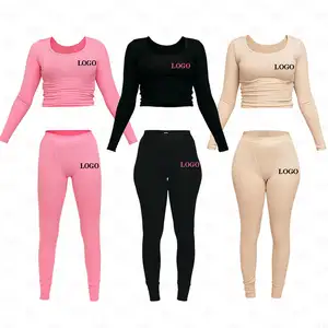 Atasan lengan panjang untuk wanita, pakaian legging Solid elastis tinggi, rajut merek kustom, set pakaian yoga 2 potong, pakaian santai