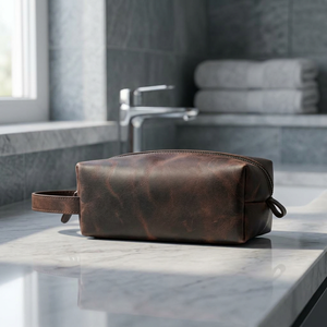 Étui à cosmétiques vintage en cuir de taille moyenne avec fermeture éclair, poignée souple et durable, portable pour le voyage - Product Image 2