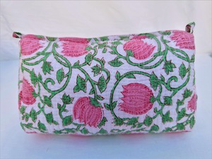 Quilted Cotton Block Print Wash <b>Bag</b> Handmade Embroidered Cosmetic Toiletry Travel Pouch For Women - Product Image 4