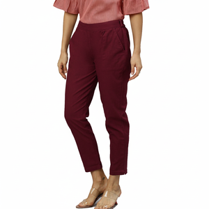 Pantalon décontracté flammé en coton pour femme fermeture à la taille élastique solide coupe régulière style avant plat-méthode de tissage non tissé lavé en été - Product Image 1