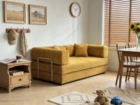 Sofá Modular de Felpa Amarillo Mostaza, Estructura Metálica Plateada, Moderno, para Villa, Escuela, Oficina, Espacio Pequeño