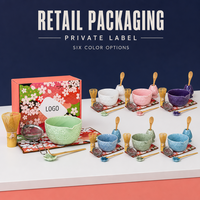 Ensemble de thé matcha en céramique en gros, 8 pièces, design Sakura, fouet, bol, cuillère, passoire, boîte cadeau
