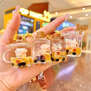 Cartoon Liquid Quicksand Bottle Pearl Milk Tea Bear Key Chain Cute Trend Car Key Pendant Gifts