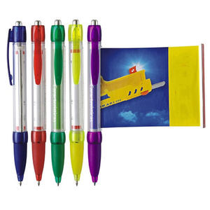 Stylo bille publicitaire promotionnel en plastique transparent avec logo, personnalisable, économique, avec drapeau publicitaire intégré - Product Image 2