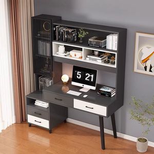 Modern Integrated <b>Desk</b> With Bookshelf And Cabinet For Home Study Office <b>Workstation</b> White Gray Color - Product Image 2