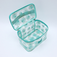 Lot de 3 trousses de maquillage portables transparentes en PVC avec motif feuilles bleues, personnalisables avec logo, pour cosmétiques et accessoires de beauté