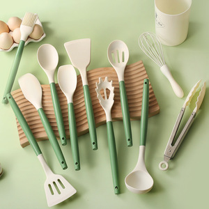 11 Piece Silicone Kitchen Utensils Set With Green Handles Heat Resistant BPA Free Food Grade Dishwasher <b>Safe</b> Cooking <b>Tools</b> - Product Image 1