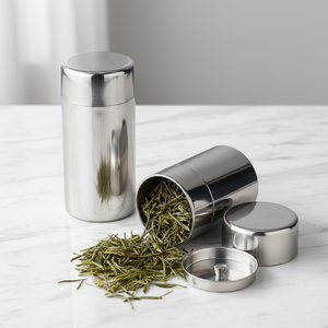 Round Stainless Steel Tea Canister with Double Lids <b>Food</b> Grade Home Kitchen Storage - Product Image 1