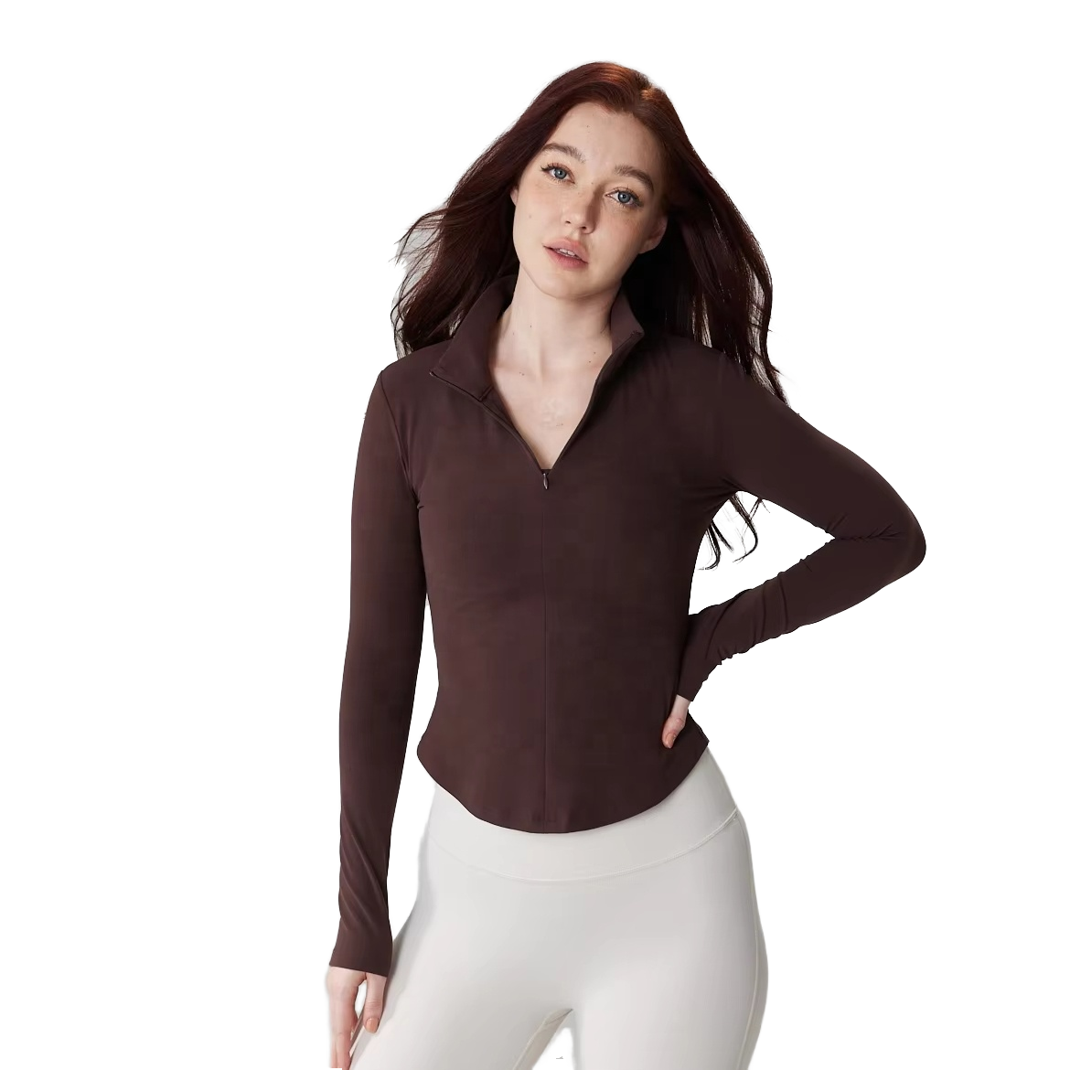 Women's New Trend Long Sleeve Gym Top Breathable Spandex Yoga Sportswear with Quarter Zip Soft Sweat Wicking Sports Top