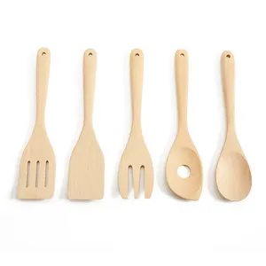 Wholesale Beech Wood Kitchen Tool Solid Spoon Slotted Spoon Fork Spautla Food Turner Cooking Utensil Set Of 5 With Hanging Hole