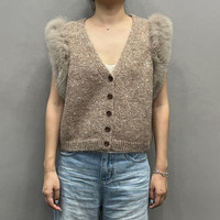 Gilet personnalisé Jancoco en sequins pour femme, court, avec boutons, bordure en fourrure de renard, cardigan à manches courtes en tricot pour l'automne et l'hiver